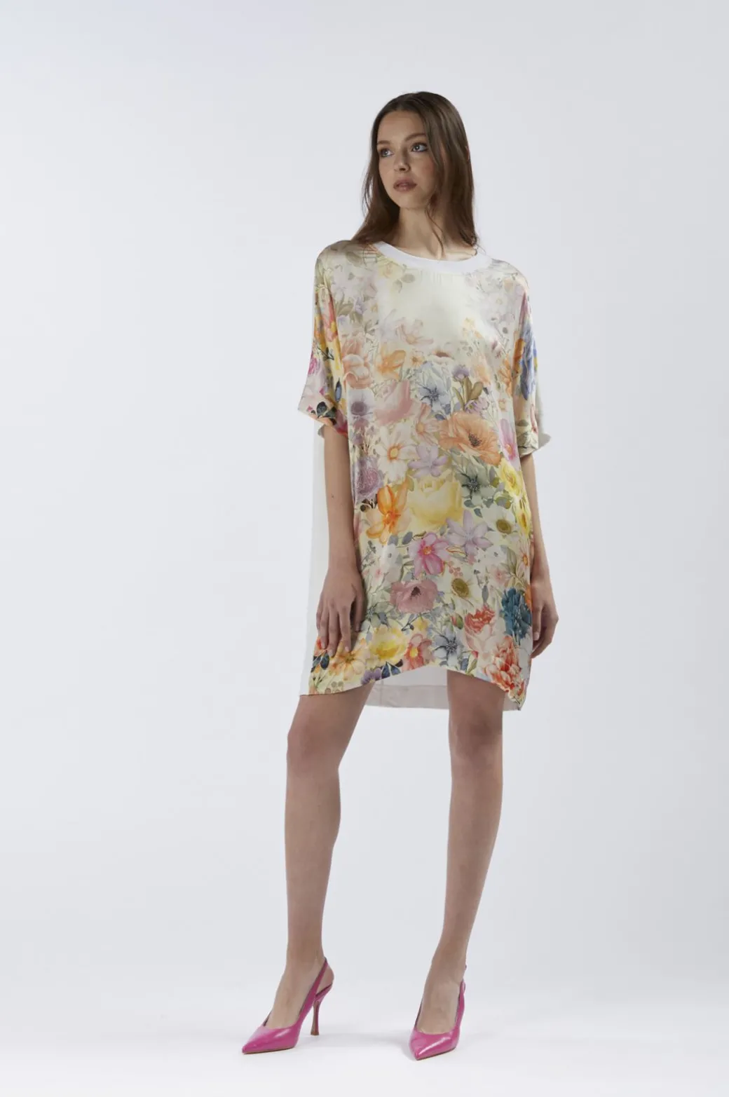 abito bimateriale con davanti stampato flower panel