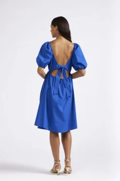 abito con maniche a palloncino e ampia scollatura posteriore royal