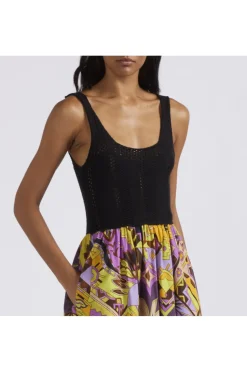 abito lungo con top lavorato a crochet e gonna stampata etnica multicolor