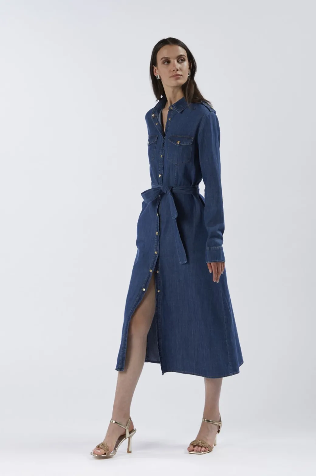 abito tipo chemisier in chambray blu medio