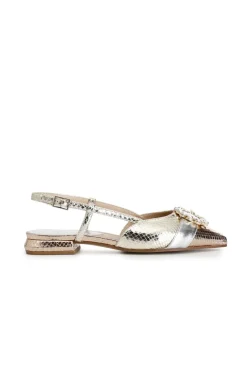 ballerine aperte dietro in stampa laminata effetto viperina con fibbia in strass multi platino