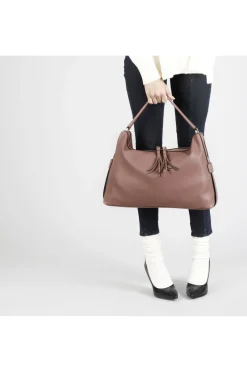 bauletto con maxi cerniera e nappine sfrangiate