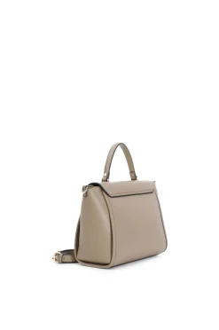 borsa a mano con pattina  in materiale granoso ed effetto suede fango