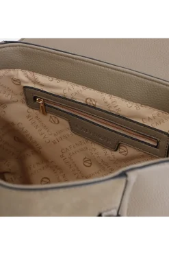 borsa a mano con pattina  in materiale granoso ed effetto suede fango