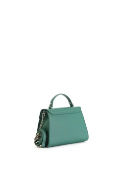 borsa a mano con pattina in saffiano con logo ovale smaltato in tono verde