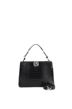 borsa a mano stampa coccodrillo nero