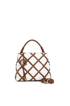 borsa a secchiello in tessuto con intreccio e borchiette naturale