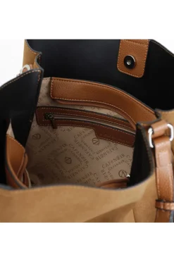 borsa a spalla in effetto suede con grande lettering sulla tracolla cuoio