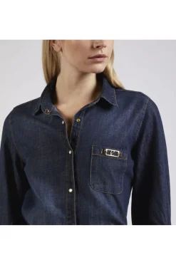 camicia con maniche arricciate blu medio scuro