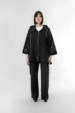 cappa in felpa con maniche di pailettes nero