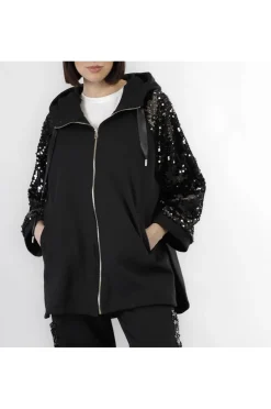 cappa in felpa con maniche di pailettes nero