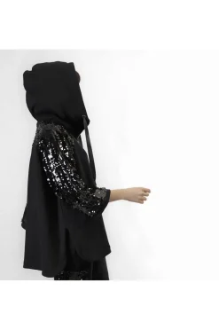 cappa in felpa con maniche di pailettes nero