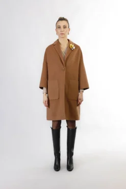 cappotto monopetto tasche a toppa tabacco