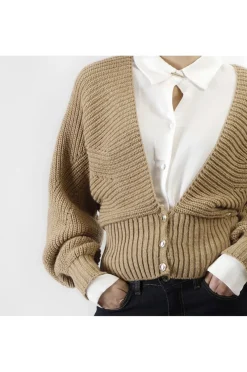 cardigan con scollatura a "v" profonda cammello