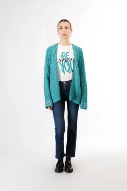 cardigan moulinè senza bottoni e collo sciallato smeraldo