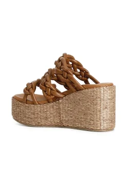 ciabatta tre fasce su zeppa in rafia cuoio