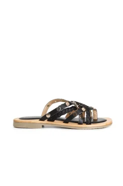 ciabatte con fasce in pelle e raffia nero