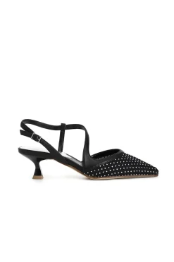 décolleté aperta dietro modello asimmetrico retina con strass davanti nero