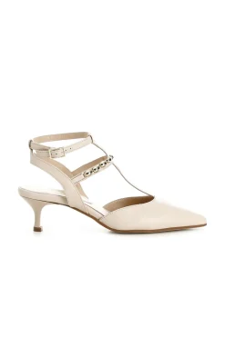 dècollète con gabbia che cinge la caviglia e catena decorativa beige