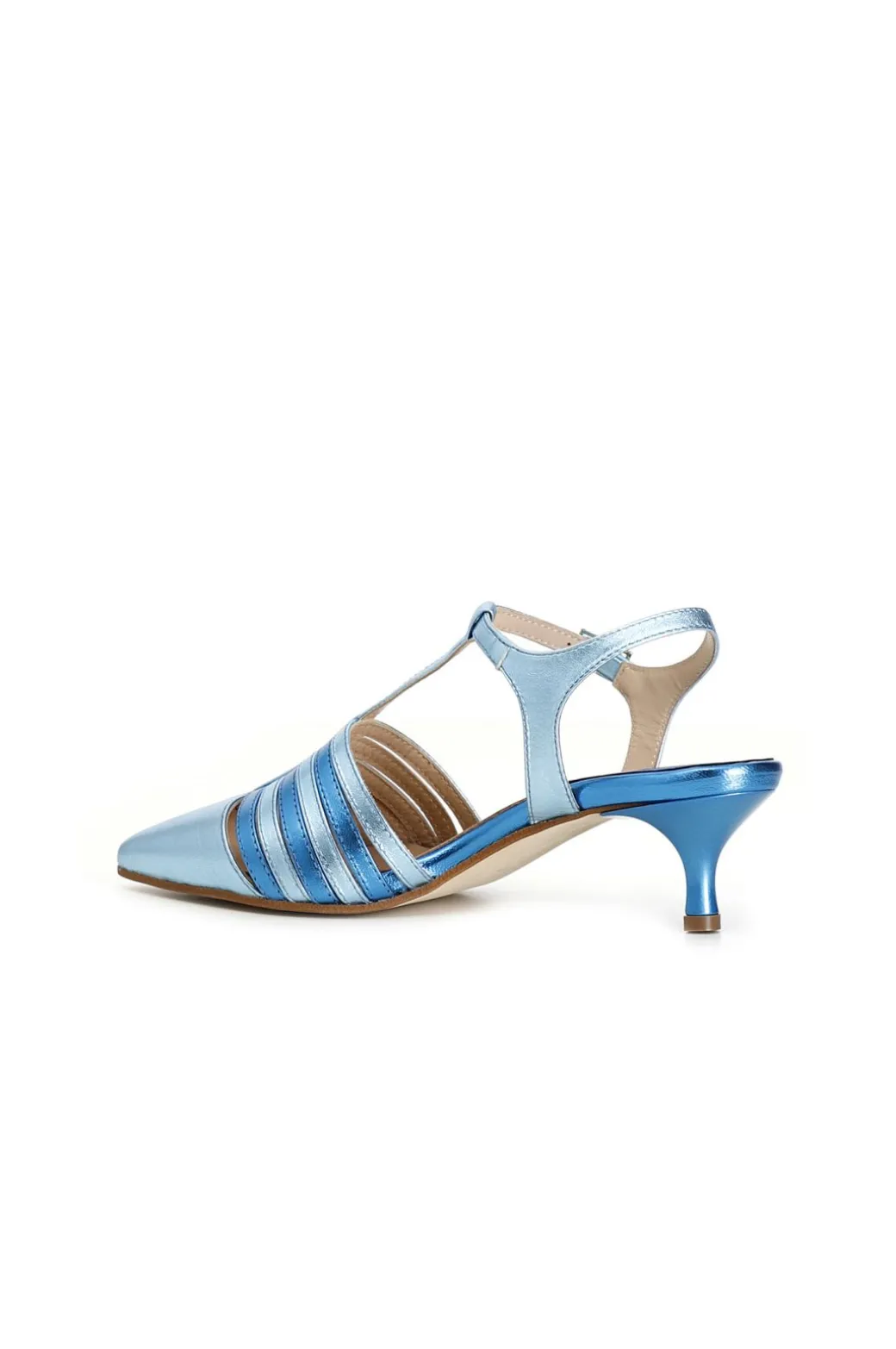 dècollète in similpelle laminata con fasce laterali e fibbia multi azzurro