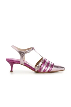 dècollète in similpelle laminata con fasce laterali e fibbia multi fuxia