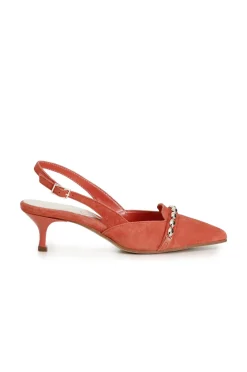 dècollète in suede con punta affusolata e catena decorativa arancio