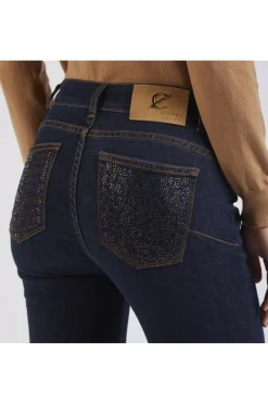 denim skinny con stras alle tasche indaco