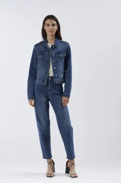 giubbino denim con placchette blu medio