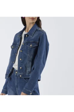 giubbino denim con placchette blu medio