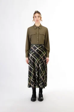 gonna longuette stampata check pistacchio