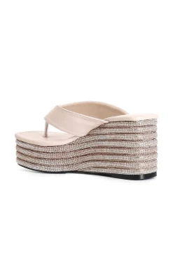 infradito in nappa con zeppa strass cipria