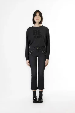jeans denim cropped flare con perle alle tasche antracite