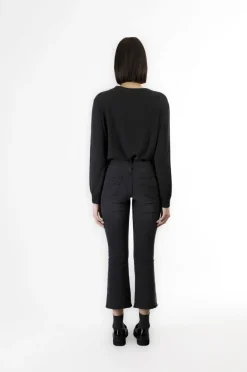 jeans denim cropped flare con perle alle tasche antracite