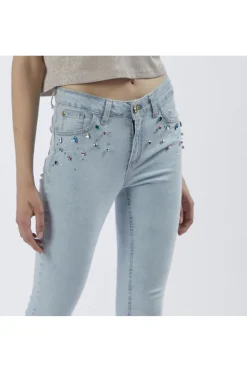 jeans denim skinny con strass multicolor bleach
