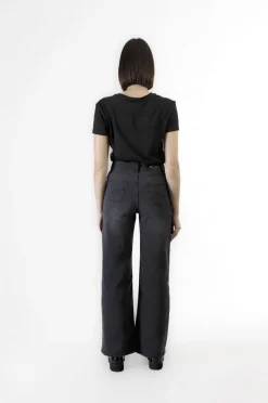 jeans denim wide leg con perle alle tasche antracite