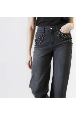 jeans denim wide leg con perle alle tasche antracite