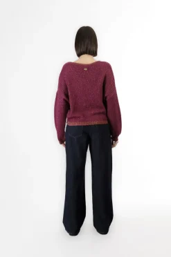 maglia con lurex con scollatura a v magenta