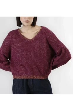 maglia con lurex con scollatura a v magenta