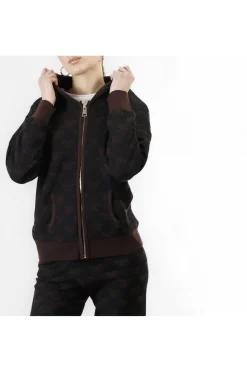 maglia con zip con cappuccio e  logo jacquard multinero