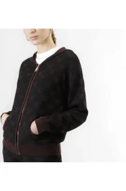 maglia con zip con cappuccio e  logo jacquard multinero