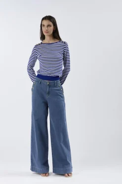 maglia girocollo rigata con bottoni alle spalle multiriga