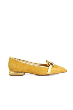 mocassini donna in pelle scamosciata con morsetto strass giallo