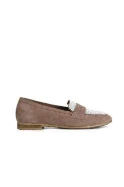 mocassini in pelle scamosciata con vaschetta strass taupe
