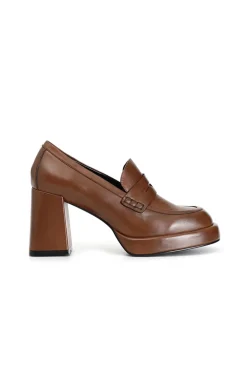 mocassino donna in pelle con plateau brandy