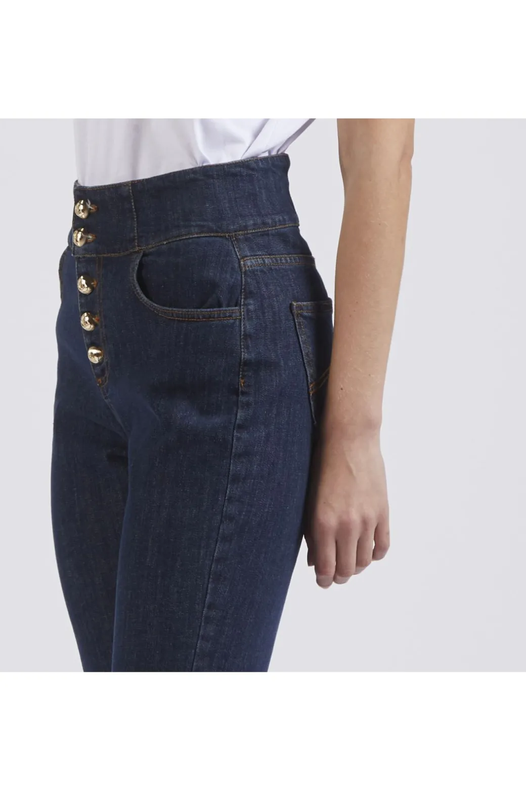 pantalone flare con bottoni a vista a vita alta blu medio scuro