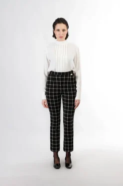 pantaloni a zampa cropped  tessuto jacquard quadro multinero