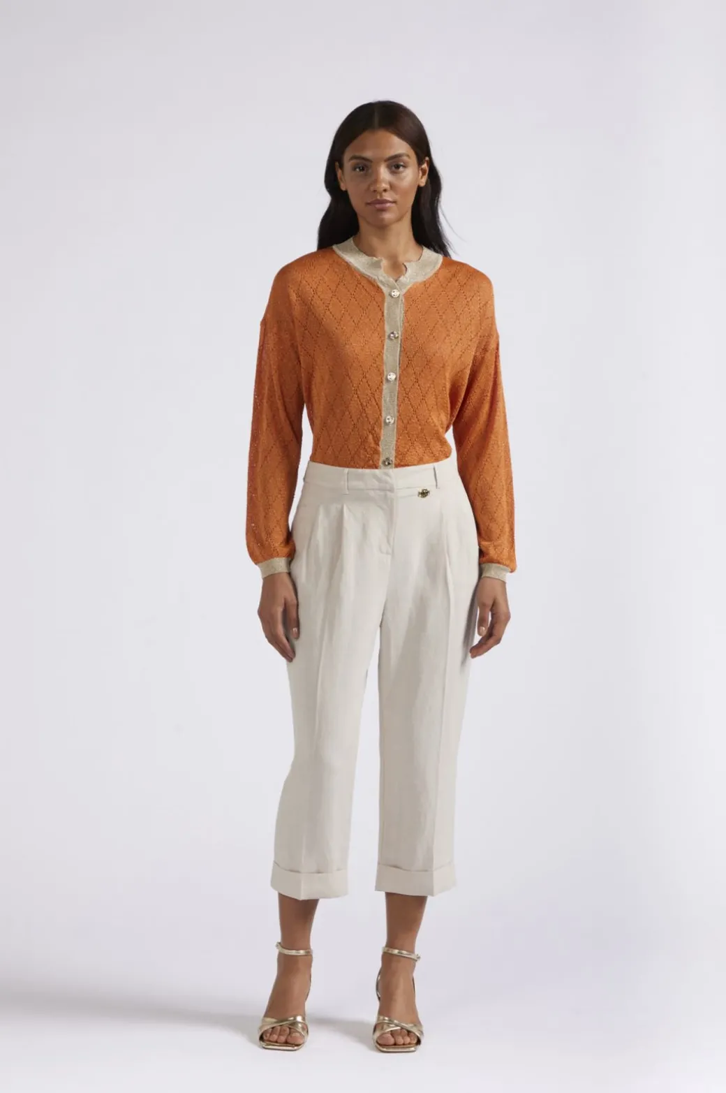 pantaloni cropped con risvolto in misto lino corda