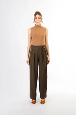 pantaloni gamba dritta ampia tessuto  bistretch fango