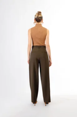 pantaloni gamba dritta ampia tessuto  bistretch fango