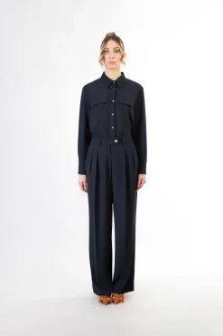 pantaloni gamba larga con pinces navy